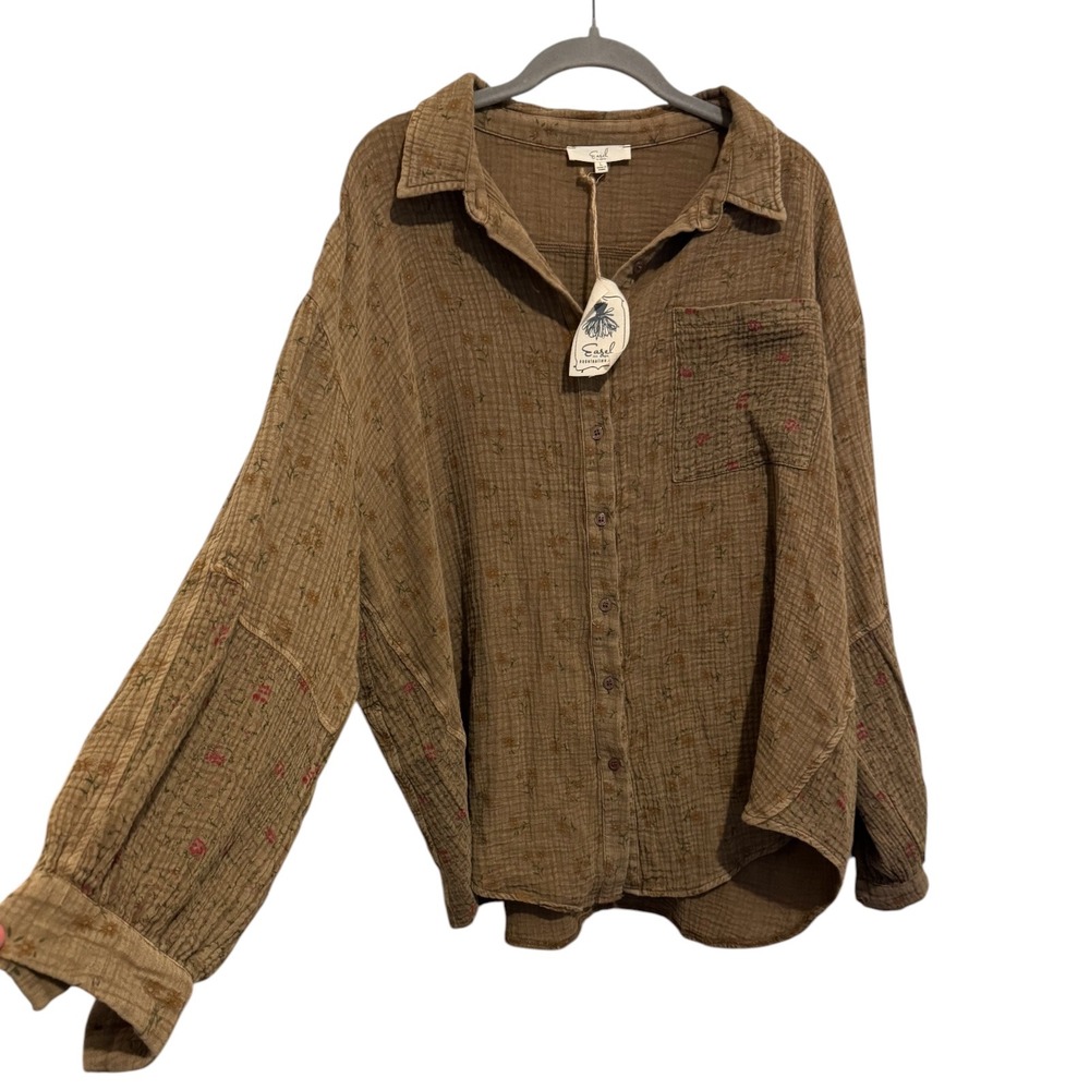 Easel Button Down Shirt Women's L Brown Cottagecore Boho Soft Floral Gauze Top - Picture 3 of 12